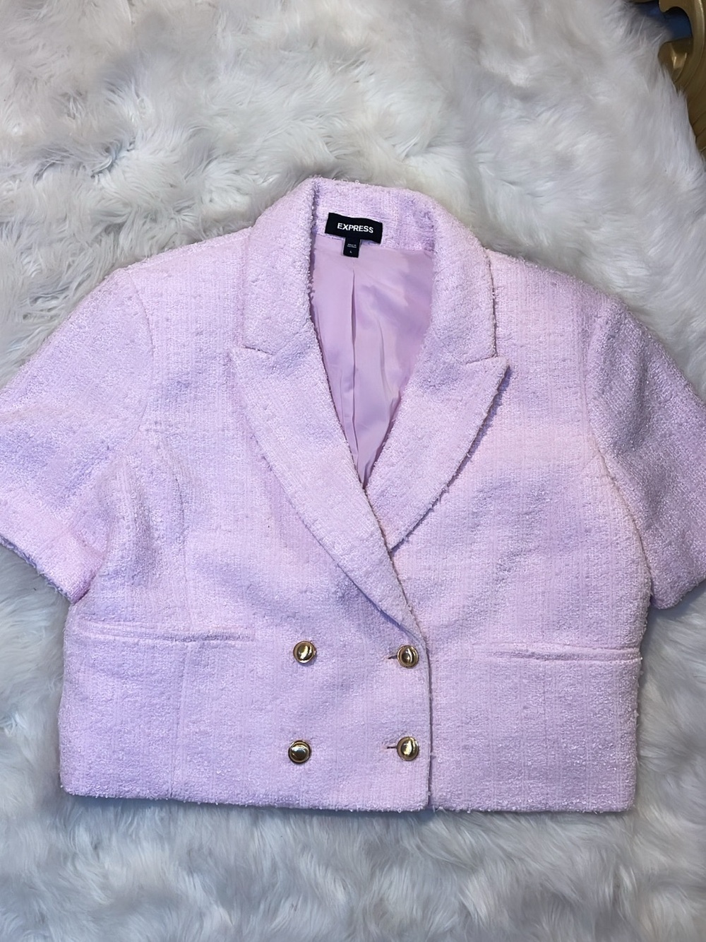 Express Pink Cropped Bouclé Double-Breasted Blazer